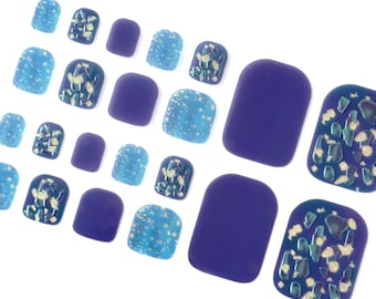 Glitter Nail Wraps for Toes / Blue & Gold Toe Nail Polish Strips / Beach Sky Toe Nail Stickers / Pedicure 3D Toe Nail Wraps Free Shipping US