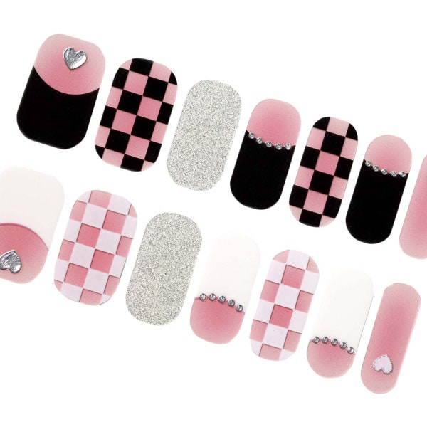 Pink Checkered Nail Wraps / 3D Heart Overlays Nail Polish Strips / Silver Glitter Nail Stickers / Cute Boho Checker Nail Wraps Free Shipping