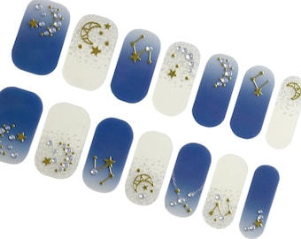 Envolturas de uñas con estrellas y luna / Tiras de esmalte 3D azul marino oscuro ombré / Pegatinas de uñas con purpurina dorada / Uñas con diseño de estrellas del zodiaco