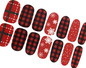 Christmas Nail Wraps: Burgundy Buffalo Plaid & Snowflake Nail Stickers