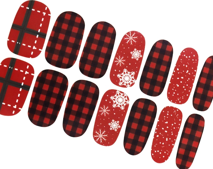 Christmas Snowflake Nail Wraps / Burgundy Red Buffalo Plaid Nail Stickers / Holiday Winter Sweater Nail Polish Strips / Check Tweed Nails