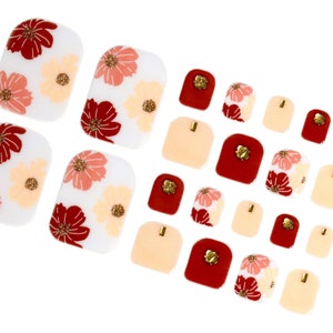 Rood roze perzik bloem nagel wraps voor tenen / leuke bloemen lente nagellak strips / 3D gem teen nagel stickers / neutrale zomer pedicure wraps