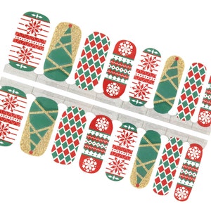 Christmas Tree Nail Wraps / Holiday Winter Nail Stickers / Glitter Ugly Sweater Nail Polish Strips / Cute Nordic Knit Snowflake Nail Wraps