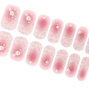 Pastel Pink Cherry Blossom Nail Wraps / Flowers Floral Nail Polish Strips / Ombre Overlay Silver Glitter Nail Sticker / Spring Milky Nail
