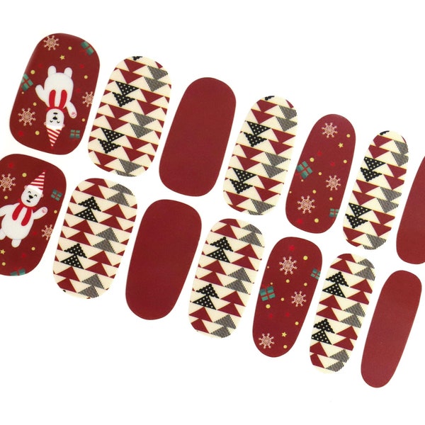 Christmas Tree Red Nail Wraps / Holiday Gift Winter Nail Stickers / Snowman Polar Bear Ugly Sweater Nail Polish Strips / Snowflake Nail Wrap