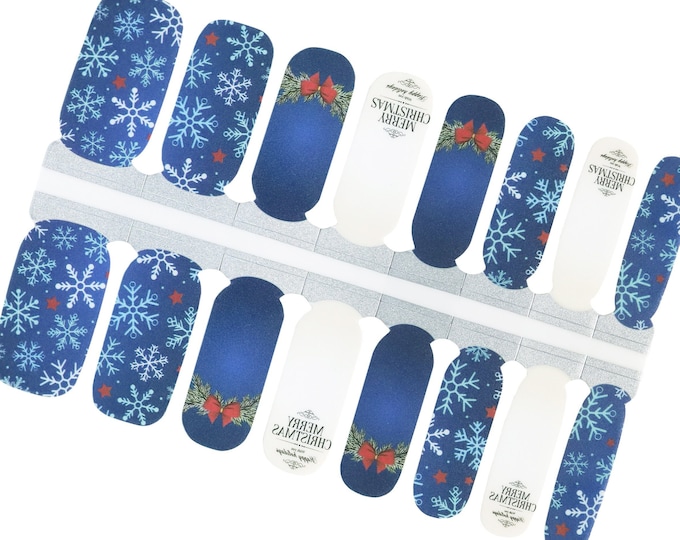 Christmas Snowflake Nail Wraps / Frozen Dark Blue White Snow Red Stars Winter Nail Polish Strips / Holiday Nail Stickers New Years - Premium