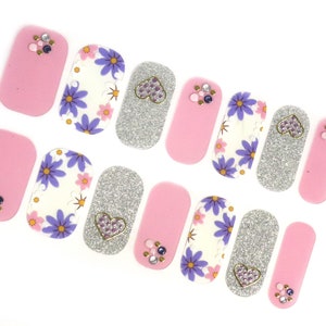 Pink Purple Pastel Nail Wraps / Flower Floral Nail Polish Strips / Silver Glitter 3D Nail Stickers / Heart Spring Nail Wraps Gratis verzending