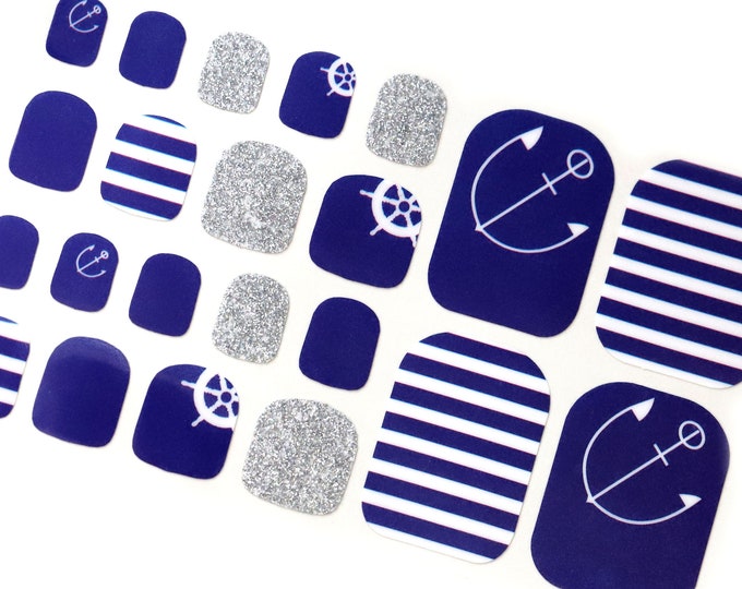 Nautical Summer Cute Toe Nail Wraps / Navy Blue Marine Anchor Nail Polish Strips / Beach Stripe Toe Nail Stickers / Silver Glitter Pedicure