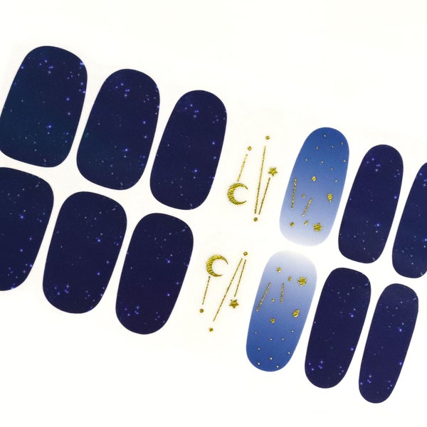 Night Sky Stars and Moon Nail Wraps / Dark Navy Blue Ombre Nail Polish Strips / Glitter Star Nail Stickers / Starburst Zodiac Nail Wraps