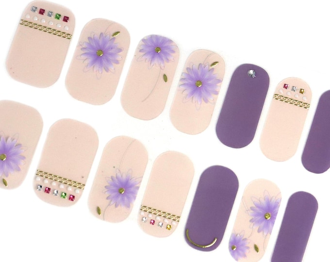 Pastel Purple Nail Wraps / Daisy Flower Floral Nail Polish Strips / Women Lilac Gold 3D Nail Stickers / Neutral Overlay Spring Nail Wraps