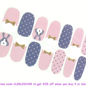 Pastel Pink Easter Nail Wraps / Rabbit Bunny Nail Polish Strips Women / Bow Gray Polka Dot Nail Sticker / Cute Kids Spring Nail Wraps