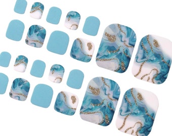 Aqua Blue White Marble Abstract Ombre Nail Wraps for Toes / Summer Toe Nail Polish Strips / Granite Stone Gold Beach Ocean Nail Stickers