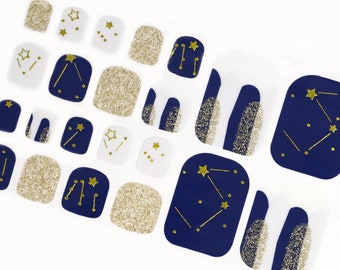 Navy Blue Nail Wraps for Toes / Dark Stars Galaxy Glitter Toe Nail Polish Strips / Zodiac Starburst Nail Stickers / Pedicure Toe Nail Wraps