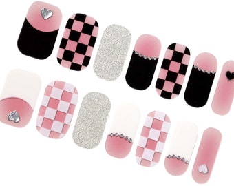 Pink Checkered Nail Wraps / 3D Heart Overlays Nail Polish Strips / Silver Glitter Nail Stickers / Cute Boho Checker Nail Wraps Free Shipping