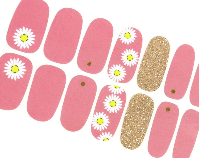 Pink Flower Nail Wraps / White Daisy Floral Nail Polish Strips for Women / Gold Glitter Nail Stickers / Spring Cute Nail Wraps Free Shipping