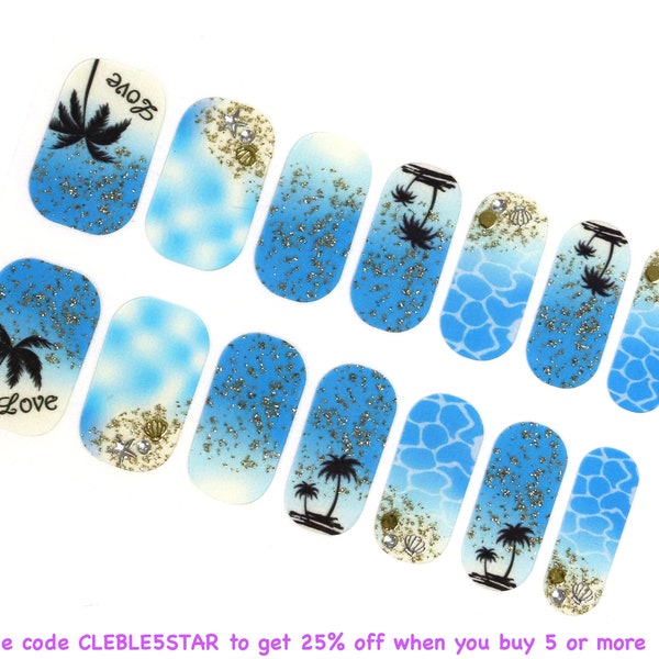 Tropical Blue Beach Nail Wraps / Transparent Ocean Ombre 3D Nail Polis Strips / Gold Glitter Autocollants / Palm Tree Women Summer Nail Wraps