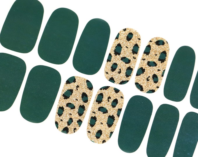 Green Nail Wraps / Leopard Nail Polish Strips / Cheetah Nail Stickers / Gold Glitter Nail Wraps / St Patricks Day Korean Animal Nail Wraps