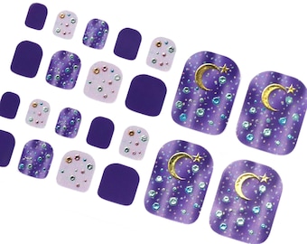 Purple Moon and Star Nail Wraps for Toes / Galaxy Glitter Toe Nail Polish Strips / Dark Zodiac Starburst Nail Stickers / Pedicure Nail Wraps