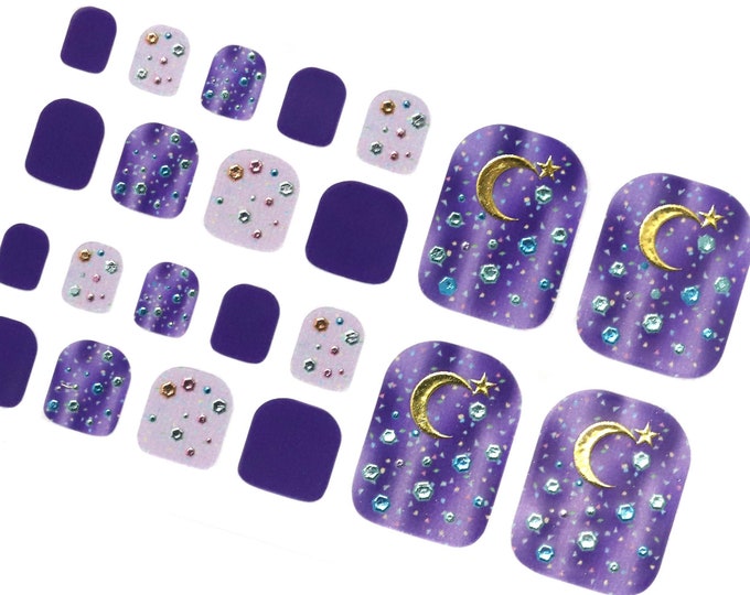 Purple Moon and Star Nail Wraps for Toes / Galaxy Glitter Toe Nail Polish Strips / Dark Zodiac Starburst Nail Stickers / Pedicure Nail Wraps