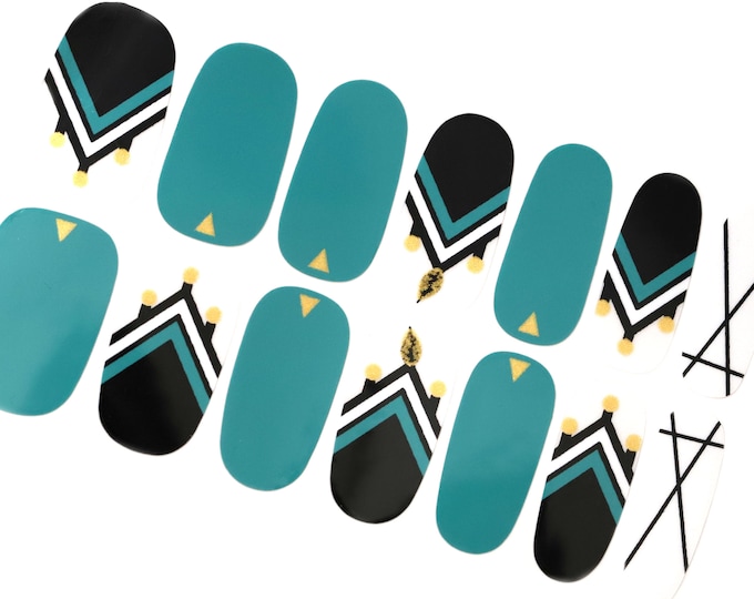 Green and Black Boho Nail Wraps / Geometric Nail Polish Strips / Summer Transparent Overlay Nail Stickers / Gold Nail Wraps Free Shipping