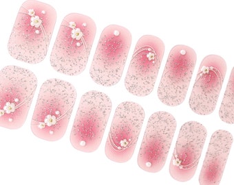 Pastel Pink Cherry Blossom Nail Wraps / Flowers Floral Nail Polish Strips / Ombre Overlay 3D Silver Glitter Nail Sticker / Spring Daisy Nail