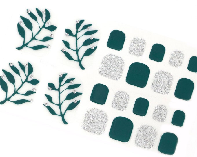 Emerald Green Toe Nail Wraps / Summer Tree Leaf Toe Nail Polish Strips / Silver Glitter 3D Nail Stickers / Women Nail Wraps Free Shipping
