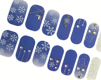 Blue Snowflake Nail Wraps, Silver Glitter Holiday Nail Stickers