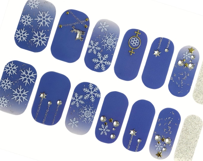 Purple Blue Snowflake Nail Wraps / Christmas Winter Nail Polish Strips / Holiday Overlay 3D Nail Stickers / Silver Glitter New Years Nails