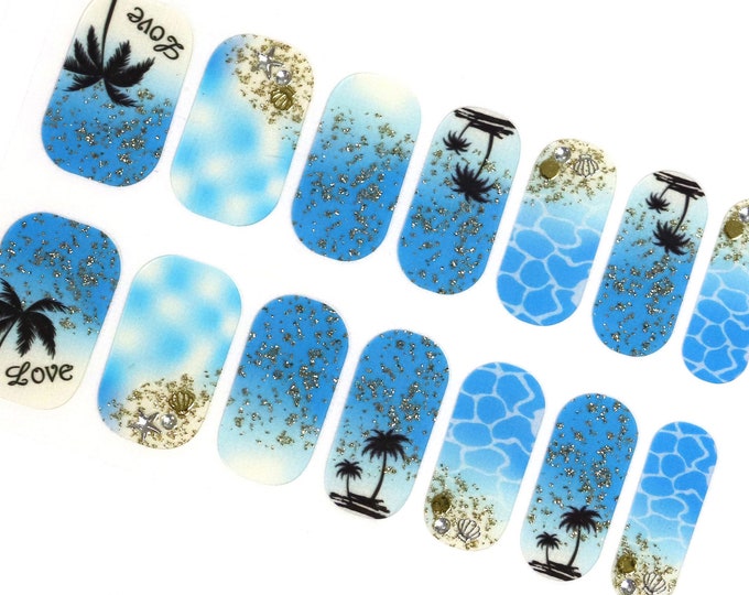 Tropical Blue Beach Nail Wraps / Transparent Ocean Ombre 3D Nail Polish Strips / Gold Glitter Stickers / Palm Tree Women Summer Nail Wraps
