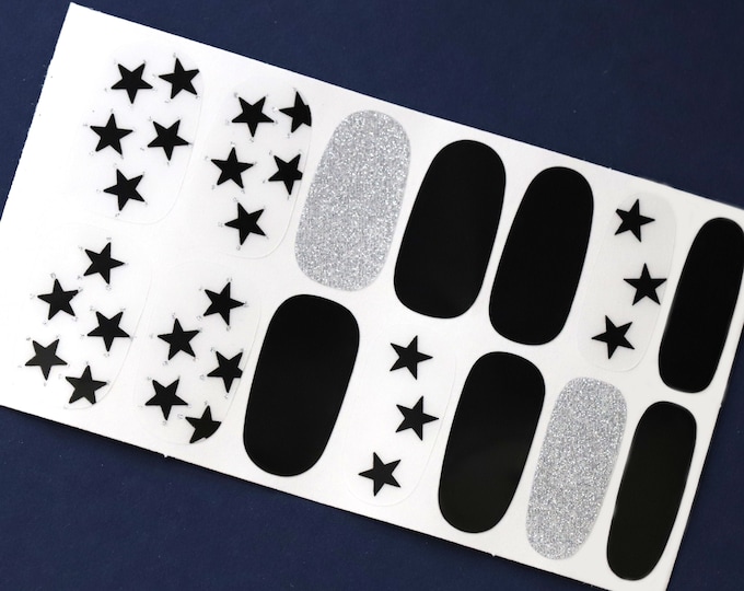 Black Star Nail Wraps / Transparent Translucent Nail Polish Strips / Silver Glitter Nail Stickers / Cool Dark Punk Nail Wraps Free Shipping