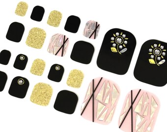 Black & Pink Flower Nail Wraps for Toes / Gold Glitter Nail Polish Strips / 3D Toe Nail Stickers / Pedicure Women Toe Nail Wraps for Toes