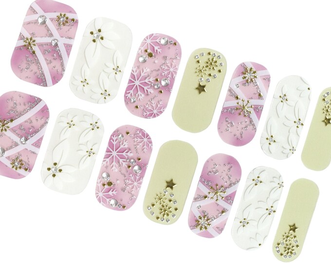 Pink Snowflake Nail Wraps / Christmas Holiday Winter Nail Polish Strips / Gold Star 3D Flower Overlay Nail Stickers / New Years Nail Wraps