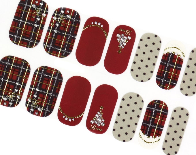 Christmas Nail Wraps Christmas / Burgundy Holiday Nail Strips / Winter Nail Stickers / Korean Red Plaid Nail Polish Strips Free Shipping US