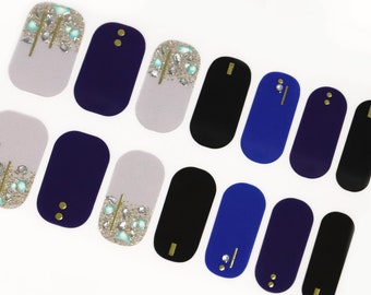 Black Nail Wraps / Navy Blue Nail Polish Strips / Gold Glitter 3D Nail Stickers / Kpop Korean Nail Wraps / Women Nail Wraps Free Shipping US