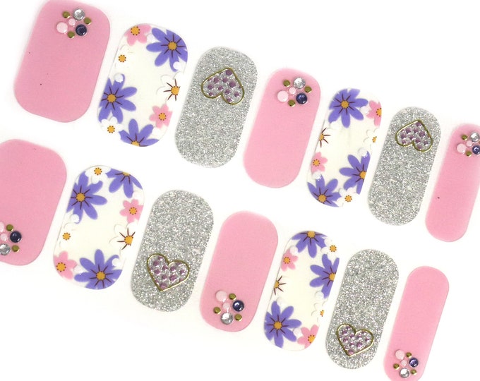 Pink Purple Pastel Nail Wraps / Flower Floral Nail Polish Strips / Silver Glitter 3D Nail Stickers / Heart Spring Nail Wraps Free Shipping