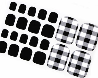 Black and White Buffalo Plaid Toe Nail Wraps for Toes / Summer Check Toe Nail Polish Strips / Dark Pedicure Wraps Women Cute Nail Stickers