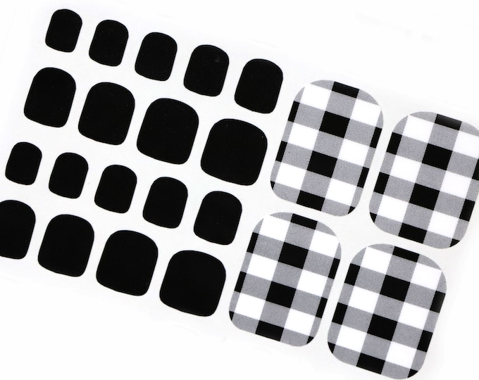 Black and White Buffalo Plaid Toe Nail Wraps for Toes / Summer Check Toe Nail Polish Strips / Dark Pedicure Wraps Women Cute Nail Stickers