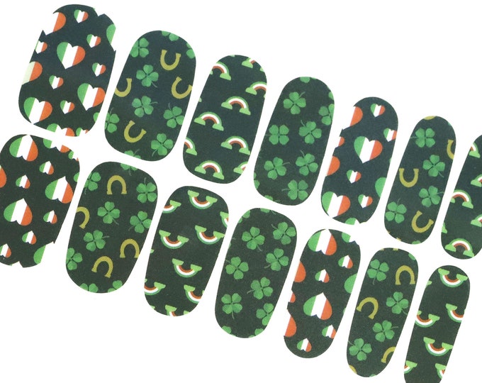 Green Irish Hearts Nail Wraps / St Patricks Day Nail Polish Strips / Clover Shamrock Horseshoe Nail Stickers / Cute Rainbow Spring Nail Wrap