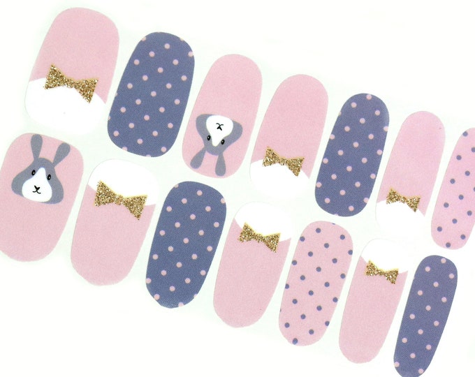 Pastel Pink Easter Nail Wraps / Rabbit Bunny Nail Polish Strips Women / Bow Gray Polka Dot Nail Sticker / Cute Kids Spring Nail Wraps