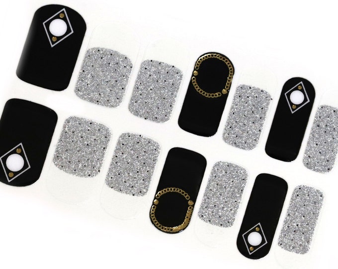 Black Nail Wraps / Gold Chain Nail Polish Strips / Silver Glitter 3D Nail Stickers / Dark Korean Nail Wraps / Punk Nail Wraps Free Shipping