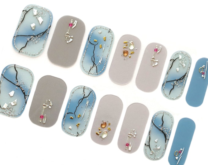 Blue Gray Ombre Nail Wraps / Transparent Tree Marble Nail Polish Strips / 3D Sparkle Nail Stickers / Neutral Summer Nail Wraps Free Shipping