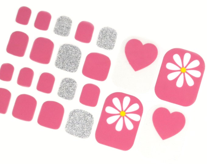 Pink Flower Nail Wraps for Toes / Cute Floral Spring Nail Polish Strips / Silver Glitter Toe Nail Stickers / Summer Heart Pedicure Wraps