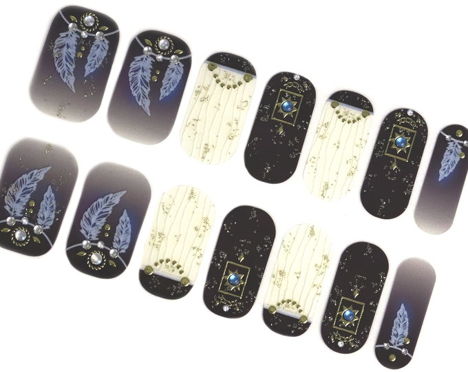 Black Boho Nail Wraps / Dark Ombre Feather Nail Polish Strips / Summer Transparent Overlay Nail Stickers / 3D Decal Nail Wraps Free Shipping