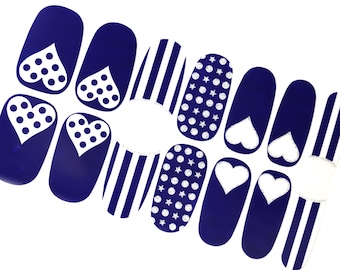 Navy Blue Nail Wraps: Silver Hearts, Stars, Stripes