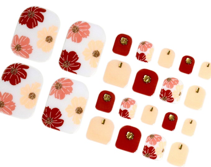 Red Pink Peach Flower Nail Wraps for Toes / Cute Floral Spring Nail Polish Strips / 3D Gem Toe Nail Stickers / Neutral Summer Pedicure Wraps