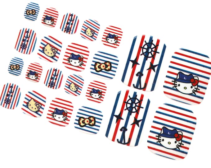 Nautical Summer Cute Toe Nail Wraps / Hello Kitty Nail Polish Strips / Kids Cartoon Kawaii Stripe Toe Nail Stickers / Beach Pedicure Wraps