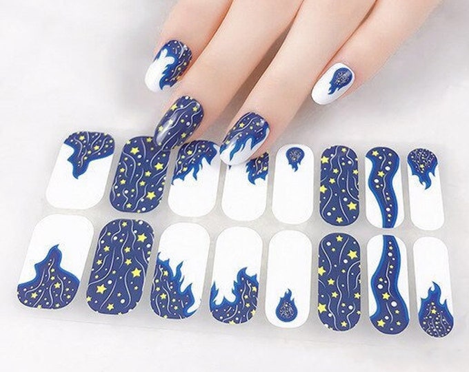 Starry Night Stars Nail Wraps / White & Navy Blue Nail Polish Strips / Stars and Moon Nail Stickers / Dark Winter New Years Nail Wraps