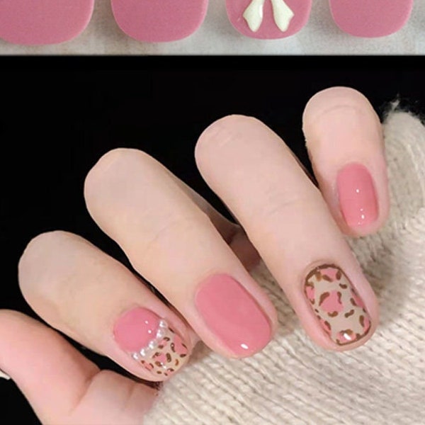 Pink Leopard Print Nail Wraps / Cute Cheetah Nail Polish Strips / White Bow 3D Nail Stickers / Valentines Animal Nail Wraps Free Shipping