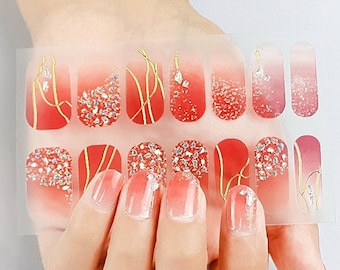 Fire Red Nail Wraps / Ombre Gold Sparkle 3D Glitter Nail Polish Strips / Orange Ombre Overlay Nail Stickers / Summer Nail Wrap Free Shipping