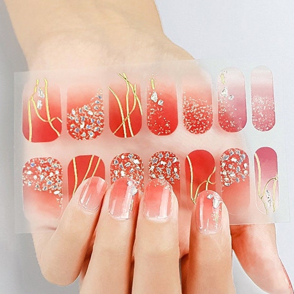 Fire Red Nail Wraps / Ombre Gold Sparkle 3D Glitter Nail Polish Strips / Orange Ombre Overlay Nail Stickers / Summer Nail Wrap Free Shipping